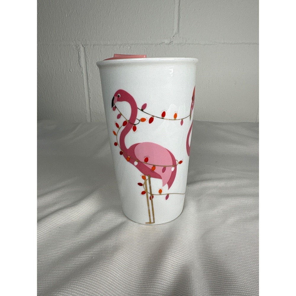 DAVIDsTEA Holiday Flamingo Ceramic Travel Mug Pink Santa Hat Christmas Tumbler
